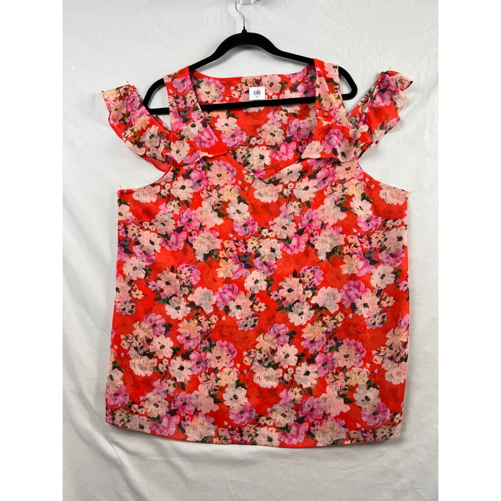 Cabi Floral Cold Shoulder Top Womens XL Orange Ruffle Chiffon Blouse 5352